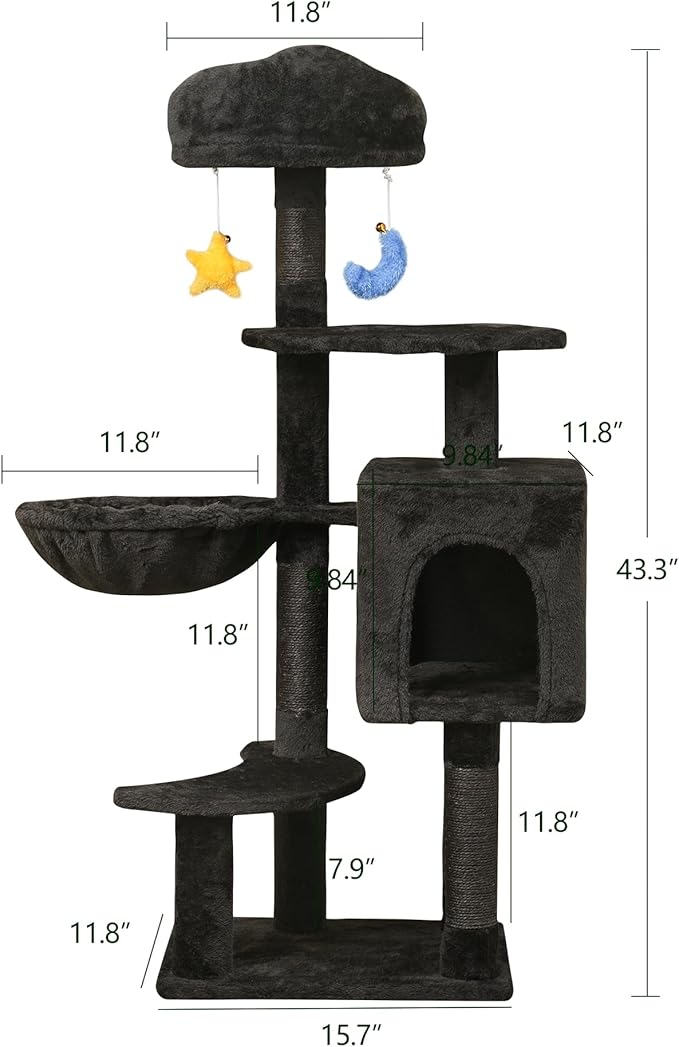 Meecal Gothic Black Cat Tree for Indoor Kittens & Small Cats Under 6 Months 9lbs, 43-Inch Cute Cat Tower with Scratching Post, Cat Condos, Cozy Hammock, Unique Perch & Dangling Toy