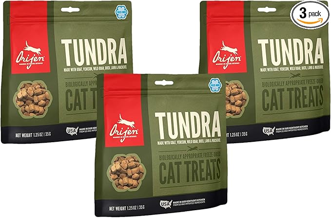Orijen 3 Pack of Tundra Cat Treats, 1.25 Ounces Each, Freeze-Dried, Grain-Free, Made in The USA
