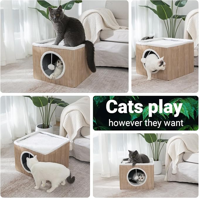 Cat Condo House with Reversible Cushions and Fluffy Ball Hanging, Foldable Cat Cube, Large Cave Bed for Indoor Kittens, Brown Wood Grain Pattern