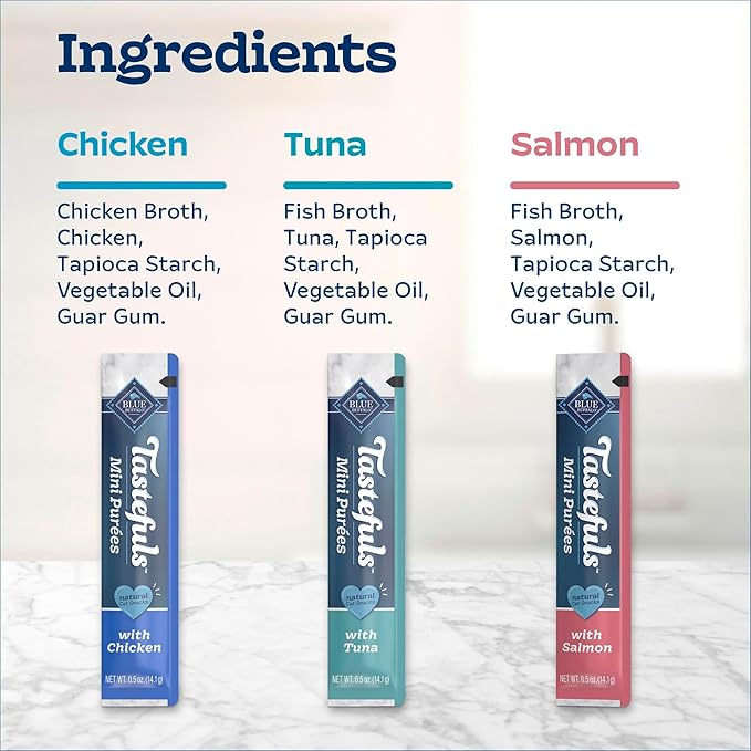 Blue Buffalo Tastefuls Mini Purées Natural Cat Treats, Chicken, Tuna, Salmon Variety Pack, 0.5 oz. Single Servings, 24-Count