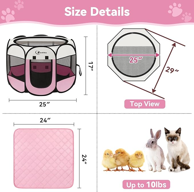 Siedihit Dog Cat Playpen, Puppy Pet Playpen Indoor for Small Dog Crate Tent Cage Outdoor, Portable Pop Up Dogs Enclosure Kennel with Carrying Case for Dogs/Cats/Rabbits(Pink, Small with pad)