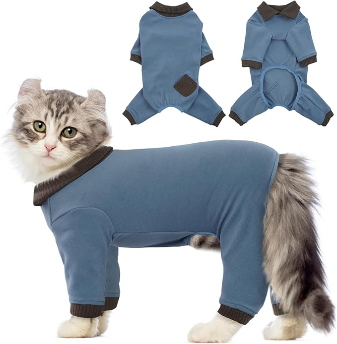 QBLEEV Sticky Hair Cat Clothes, Soft Cat Pajamas for Cats Only, Prevent Lost Fur Kitten Sweater Onesie, Stretchy Recovery Suit for Female Male Cats After Surgery Daily Wear, Sky, XL