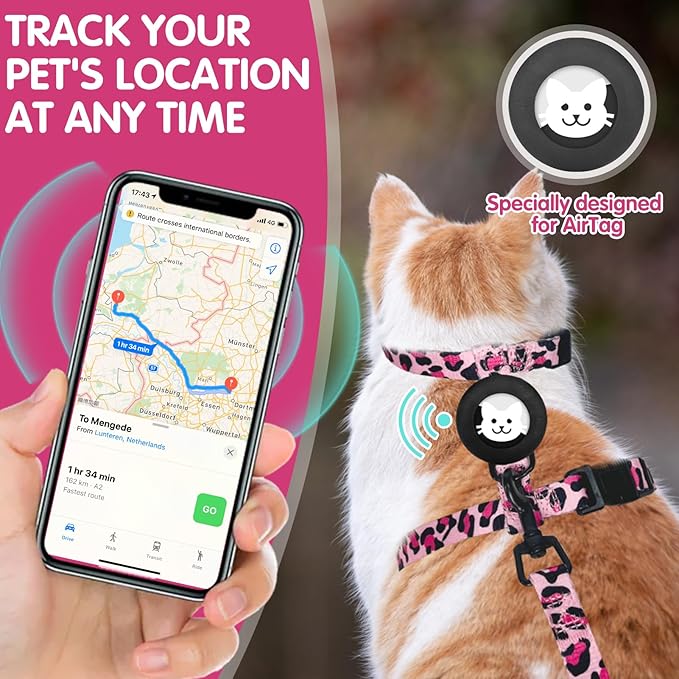 BINGPET Cat Harness with Airtag Holder, Cat Harness and Leash Set Escape Proof for Walking Travel Outdoor, Soft Adjustable Kitten Harnesses for Small Medium Large Cats, Pink Leopard(Chest:12.5"-18")