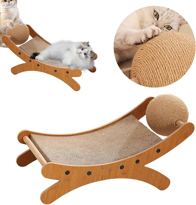 Cat Scratcher Bed for Indoor Cats Mini Beach Chair with Scratching Ball - Sturdy Furniture Pet Bed for Small Animals & Kittens- Corrugated Paper