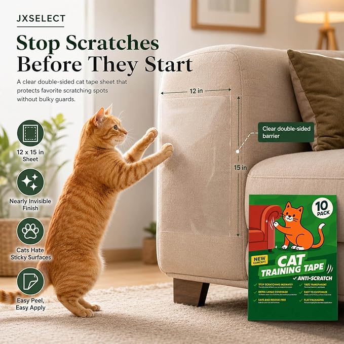Cat Scratch Deterrent Tape – 10 Double-Sided Anti-Scratching Sticky Tape – Protect Furniture & Train Cats to Stop Scratching – Effective Cat Training Tape for Sofas & Couches