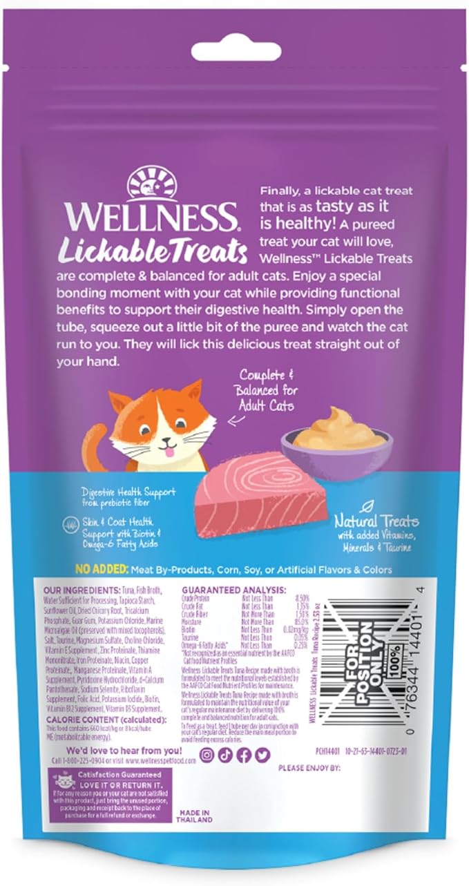 Wellness Lickable Soft Puree Cat Treats, All Lifestages, Kitten to Senior, Natural, Grain Free, Tuna Flavor, 0.4 oz, Pack of 6 Tubes