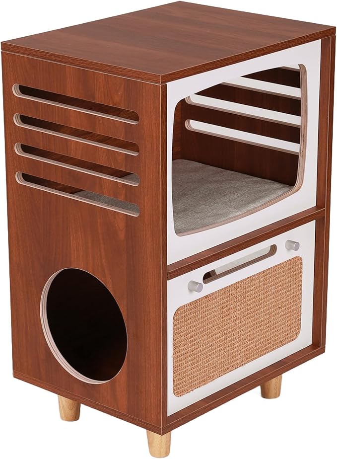 2-Tier Hidden Cat Litter Box Furniture with Scratching Board,Cat Houses for Indoor Cats,Cats Litter Box Furniture,Vintage TV Shaped Cat Furniture, Wooden Cat House, Side Table for Living Room