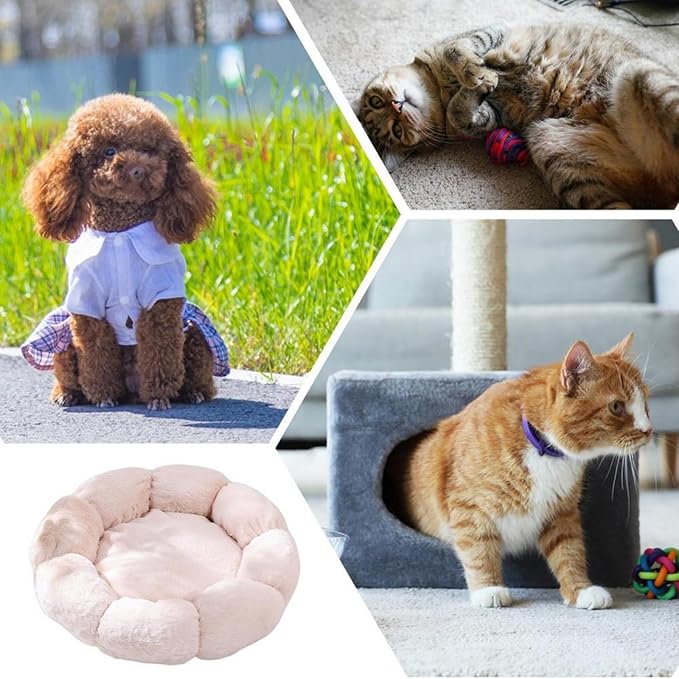 Plush Cat Beds for Indoor,Flower Shape Soft Pet Bed with Anti Slip Bottom,Donut 360 Degree Support Dog Bed for Bedroom Living Room (Grey)