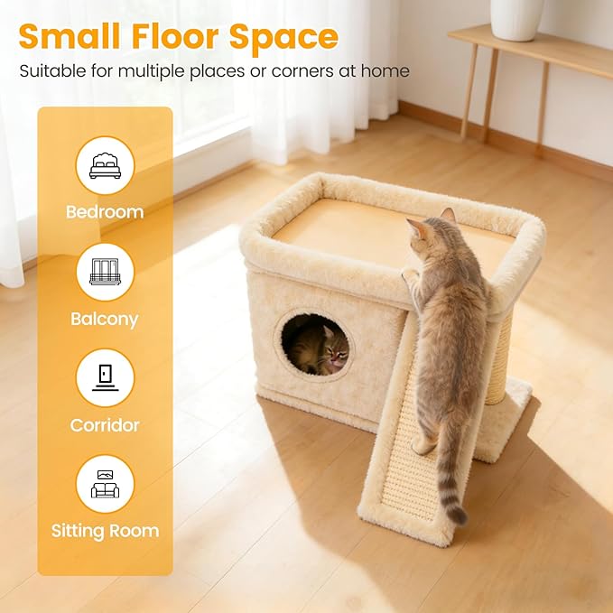 Cat Tree, Compact Cat Tree for Small Spaces, Heavy Duty Cat Tower for Large Cats,Small Cat Tower with Cat Scratching Post & Bed, Cat Condo Climbing Furniture for Indoor Cats (Off-White)