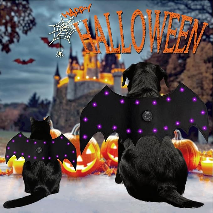 LED Bat Wings for Pets - Halloween Costume with 20 Lights, 4 Modes, Adjustable Fit for Cats & Dogs, Safe Soft Material for Party Trick or Treat （L Size）