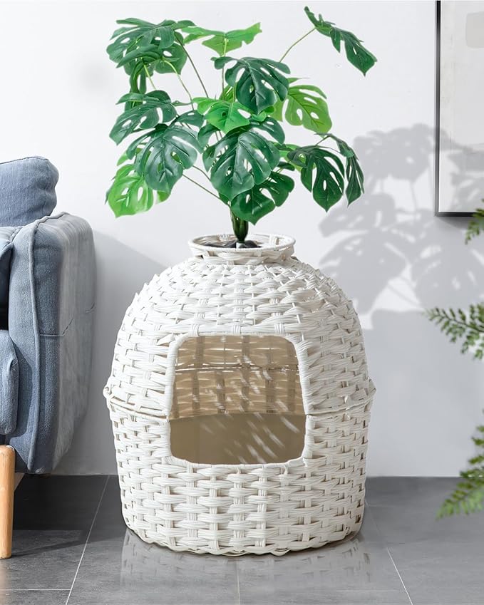 SETVSON Cat Litter Box Plant Enclosure, Hidden Handwoven Rattan with Cat Litter Box Furniture and Artificial Plants, Odor Control Filter, Real Stones in Living Room, Bedroom, Corner (White)