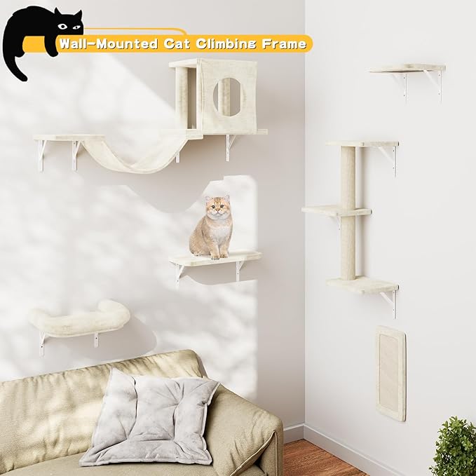 NUNU LAB Wall Mounted Cat Climber Set, 6 Pcs Cat Furniture Set with House, Bridge, Steps, Scratcher Board and Hammock, Shelves for Indoor, Luxury Walls Furniture, White
