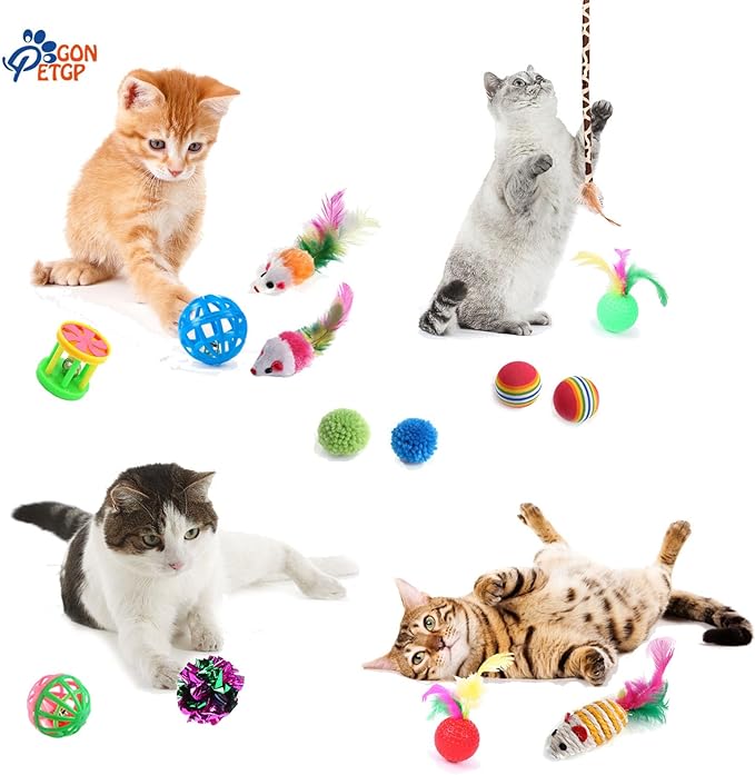 GONPETGP Cat Toys for Indoor Cats, Kitten Toys Set, Collapsible Pet Tunnel Cube Tent Toys, Interactive Cat Feather Teaser Wand Cat Bell Balls Fuzzy Ball Springs Mouse Toys (Rainbow)