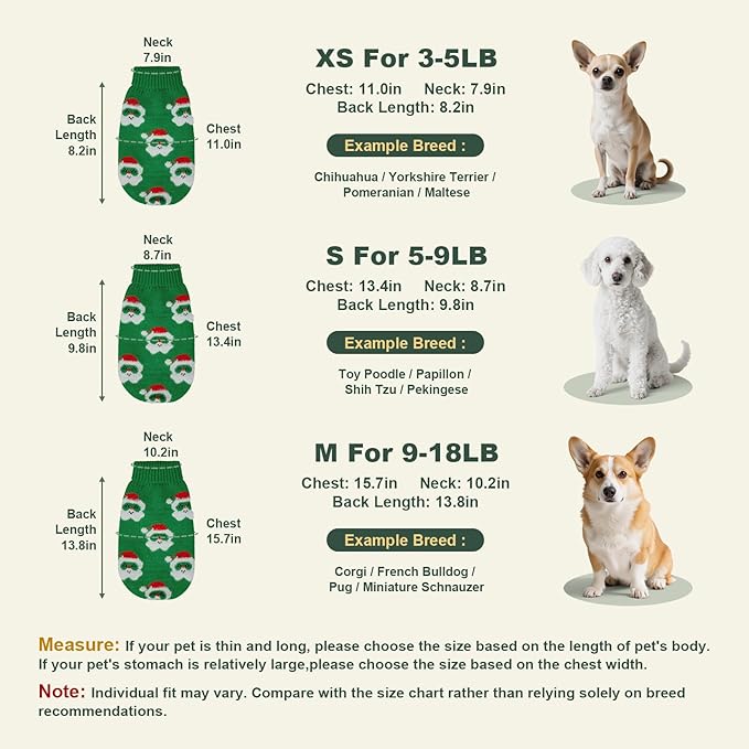 Dog Sweater Knitted for Small to Large Dogs Boy Girl, Classic Turtleneck Dog Christmas Sweaters, Warm & Soft Santa Claus Pet Clothes for Winter (Green, XS)