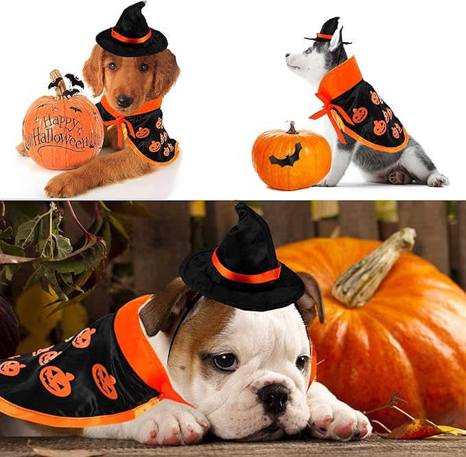 Cute Pet Halloween Wizard Costume with Hat, Cats Small Dogs Soft Clothes Outfit Witch Cape, Pets Costume Apparel Cosplay Clothes for Cats Dogs Kitten Puppy Small Animals, for Halloween Magic Cosplay
