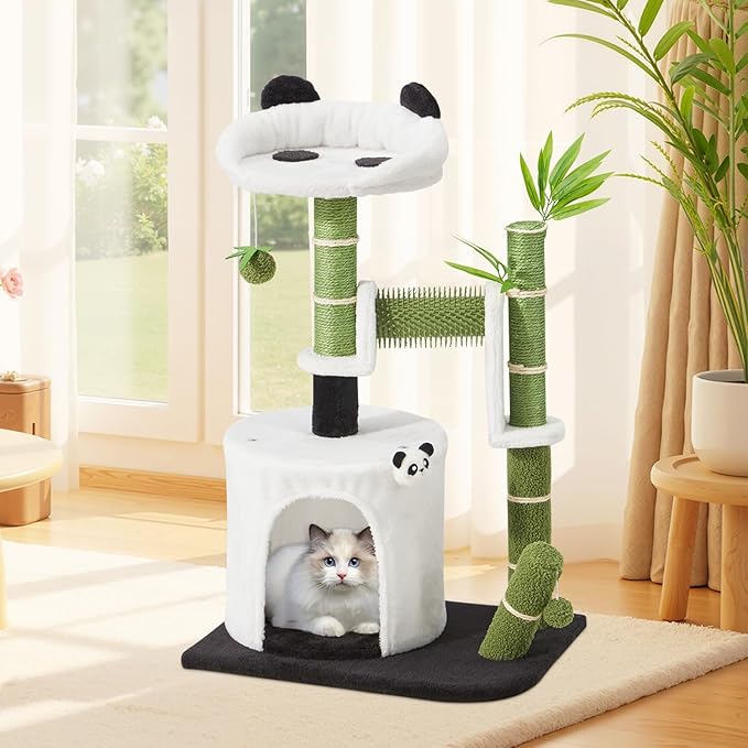 Erinnyees Panda Cat Tree, 30.7" Cat Tower with Self Groomer, Scratching Post, Cat Condo and Hang Ball, Bamboo Leaf Shape Design