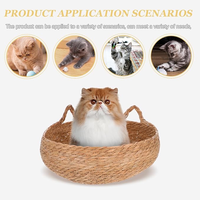 HOMSFOU Small Round Cat Bed Woven Straw Pet Nest Basket with Breathable Natural Rattan, Indoor Cozy Cat Furniture for Kittens and Small Dogs, Four Seasons Use