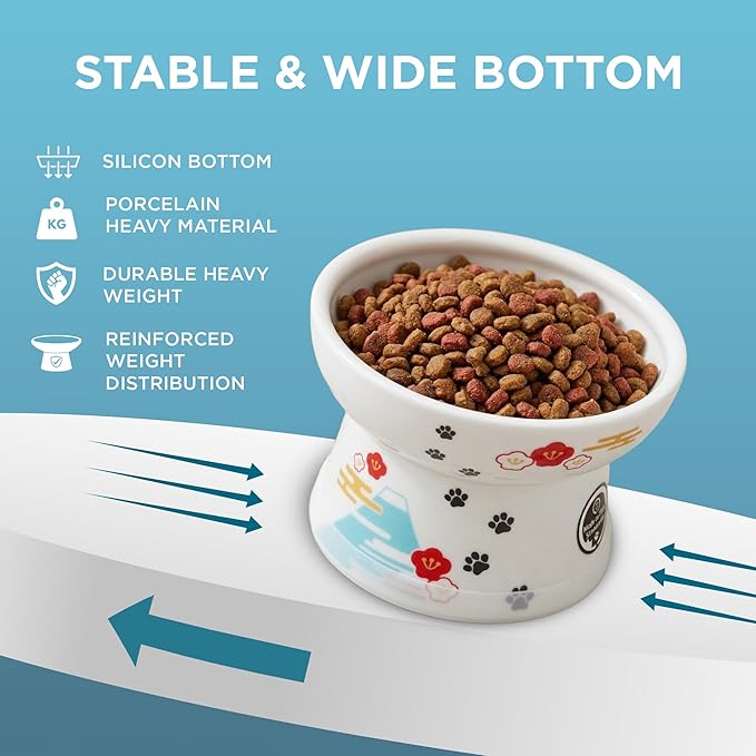 Necoichi Raised Cat Food Bowl – Ceramic Elevated Cat Bowl for Whisker & Neck Fatigue, Dishwasher Microwave Safe – Non-Slip & Anti Vomiting Ergonomic Design (Fuji, Regular, 1-Cup Capacity)