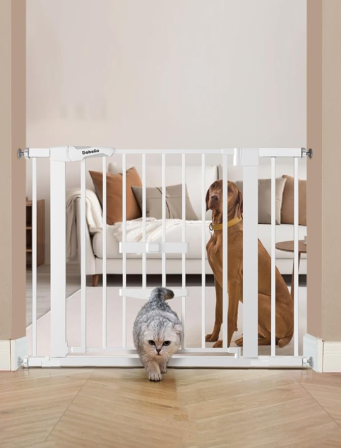 Babelio New Version Baby Gate with Cat Door Adjustable, 29-40" Metal Pet Door for Stairs & Doorways, Pressure Mounted, No Tools Needed, White