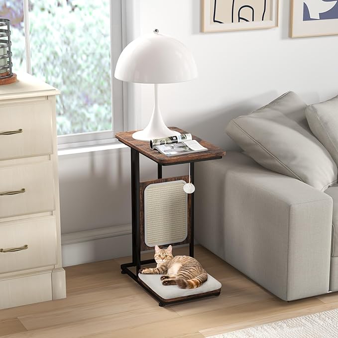 PETSITE Cat Tree and End Table, C-Shaped Small Cat Side Table with Scratching Pad, Removable Washable Cushion, and Jingling Hanging Ball, Modern Cat Furniture for Living Room Bedroom