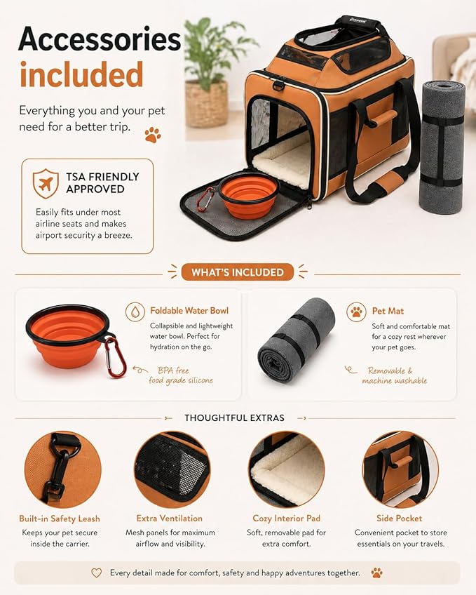 Cat Carrier Dog Carrier Airline Approved, Pet Carrier for 2 Cats Small Medium Dogs, Soft Cat Carrier 18x15x15 with Foldable Bowl & Washable Pad, TSA Approved Dog Carriers by Luniko Shop (Orange)