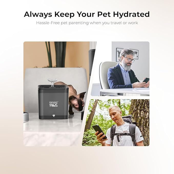 Penthouse Paws Smart Cat Water Fountain 2.2L, App Controlled Automatic Water Dispenser, Ultra Quiet Pump, 5-Stage Filter, Whisker Friendly Bowl, for Cat & Dog, Black