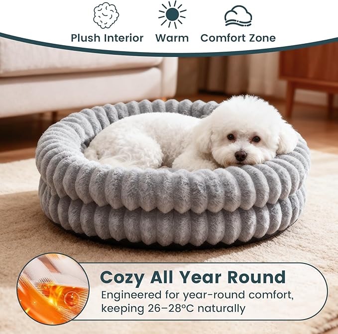 Cat Beds for Indoor Cats, Machine Washable Orthopedic Donut Dog Bed for Small Dogs, Fluffy Round Pet Bed with Anti-Slip Bottom for Puppy and Kitten, Gray, 20"x20"x6.5"