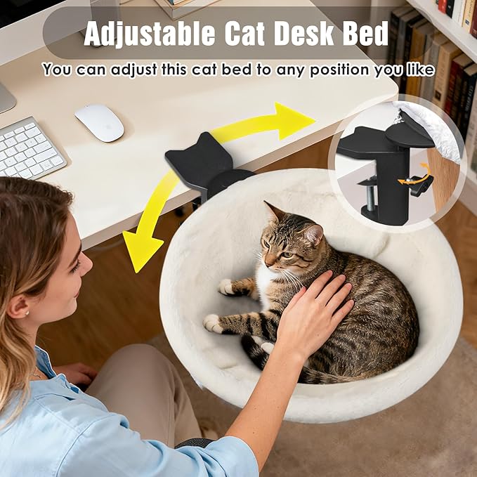 IPOW Heavy Duty Steel Frame 180° Rotating Cat Desk Bed Semi-Circular Cat Bed, Soft Faux Rabbit Fur Material, Suitable for Various Desktops-Maximum Hold Up to 40lb