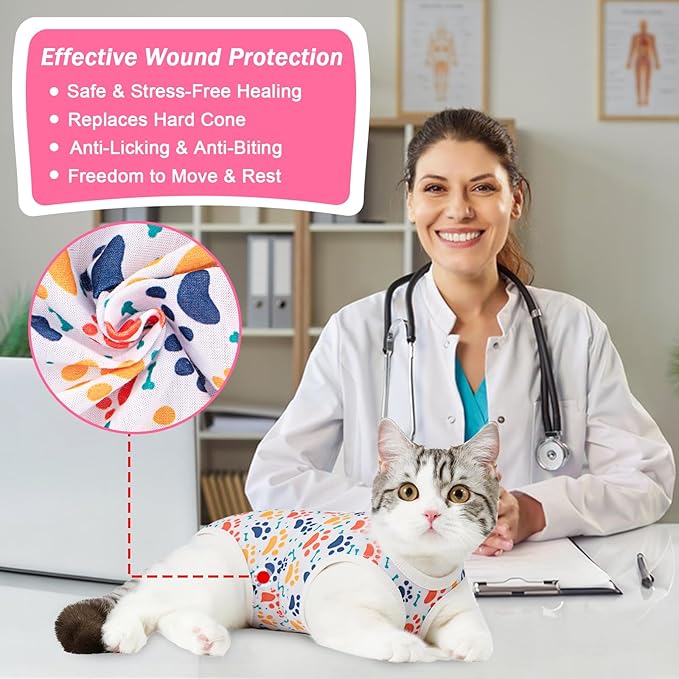 Coppthinktu Cat Recovery Suit Female Cats Onesie for Cats, Breathable Cat Surgery Suit for Surgical Abdominal Wounds Skin Diseases, Cute Kitten Spay Recovery Suit E-Collar Alternative Anti Licking