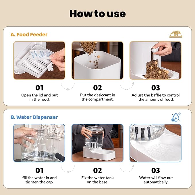 JUNSPOW Automatic Cat Feeder Dog Water Bowl Dispenser Set, Adjustable Food Dispensing & Keep Food Dry, Auto Pet Feeder and Waterer for Cats and Dogs (Bowl not Included)