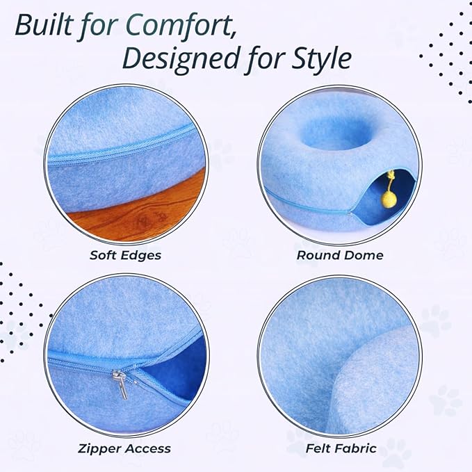 MeowMates Peekaboo Cat Cave Donut Bed for Multiple Cats Upto 45lbs, 3-in-1 Large Cat Tunnel & Donut Bed Combo w Round Tunnel Scratcher for Indoor Cats, Hanging Toy, Washable & Detachable