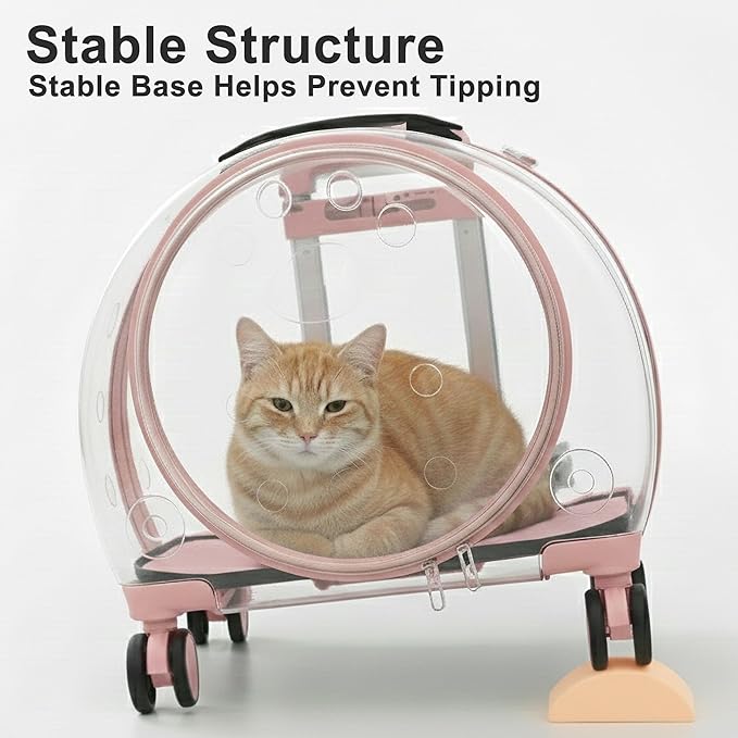 Hard Shell Cat Carrier with Wheels, Rolling Cat Travel Carrier with Telescoping Handle, Transparent Pet Carrier for Cats (Pink)