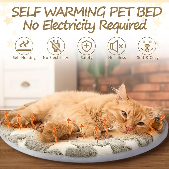 VitalCozy 2 Pack Self Heating Cat Pad Self Heating Cat Bed Machine Washable Heat Pet Mat Reversible Body Thermal Warm Round Dog Bed Crate Blanket for Feral and Indoor Cats(16'',Apricot Large Star)