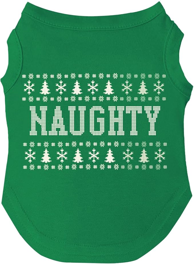 Naughty Ugly Sweater Dog Tee Shirt | Sleeveless Breeds | Christmas | Holiday Season | Winter Wonderland | Gift |Green, 3X-Large 974