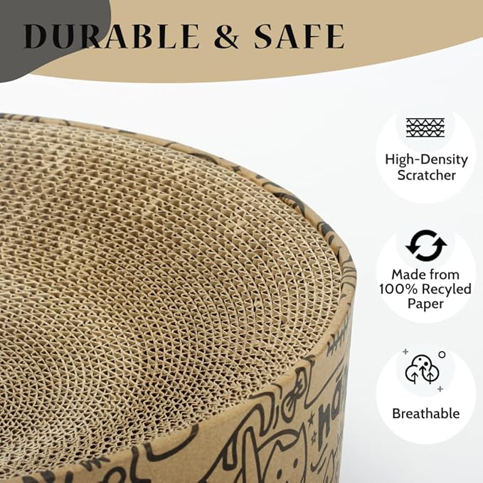 Cat Scratcher Cardboard, 2in1 Oval Cat Scratcher Bed for Indoor Cats Cat, Scratch Pad Bowl with Scratching Toy, Cozy Oval Cat Scratch Bed Furniture for Kittens & Medium Size Cats(Black)
