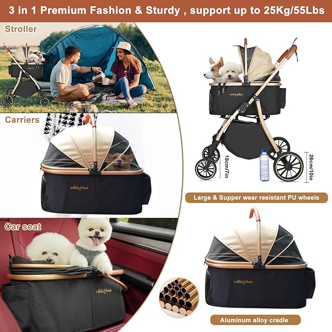 MILA&LOUIS Dog Stroller, 24" Pet Cradle, Large PU Wear-Resistant Wheels, Cat Stroller for Small & Medium 55 lbs, Lightweight Pet Stroller, Detachable Aluminum Cradle, Cup Holder, Hook & Rain Cover