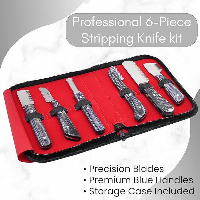 Dog Grooming Stripping Knife Set – 6-Piece Stainless Steel Hand Stripping Tools with Wooden Handles – Coarse, Medium, Fine & Extra-Fine Knives for Dogs, Cats & Wire-Coated Pets (Black)
