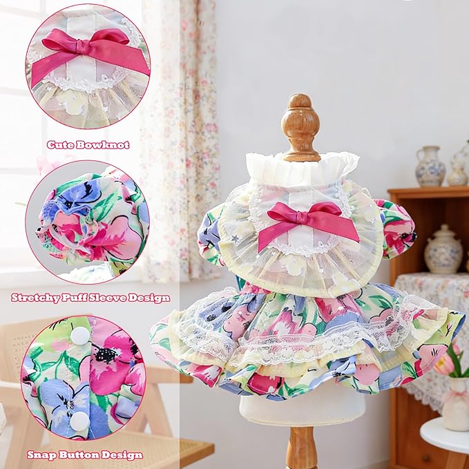 2 Pcs Pet Floral Dress and Lace Sunhat, Summer Skirt with Laces for Dog, Cute Bowknot Dresses for Cat, for Birthday Party and Outdoor Travel (Colorful, Large)