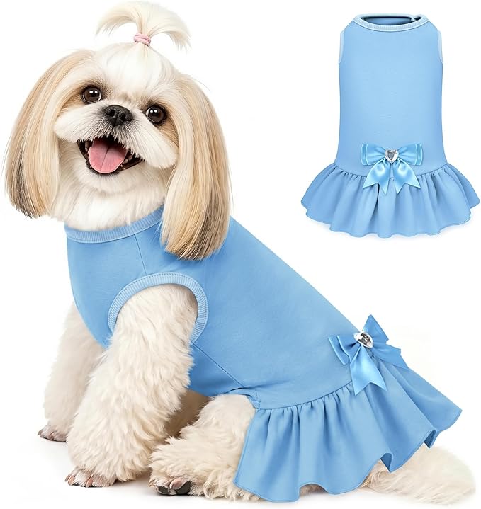 YUDODO Dog Dress Sleeveless Cat Dresses Breathable Dog Clothes for Small Dogs Girl Bowtie Puppy Dress with Cute Skirt Hem Lightweight Summer Dogs Dresses Soft & Does Not Pill Blue XS