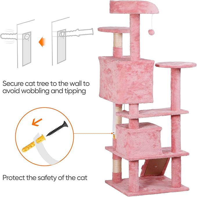 52” Multi-Level Cat Tree Condo Furniture Kitten Activity Play House Bed Pet Kitty Climbing Tower with Scratching Posts/Plush Perch/Scratcher Ladder/Tunnel for Cats,Kittens,Pets (Pink)