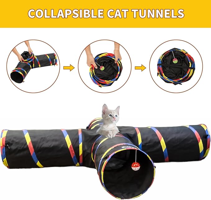 Cat Tunnels - 4 Way Cat Tunnel for Indoor Cats Play & Exploration (with Mouse Toy) - Collapsible Pop Up Tubes for Ferrets, Rabbits, and Small Dogs Fun