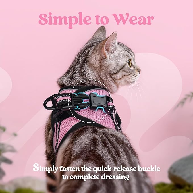 rabbitgoo Cat Harness and Leash Set for Walking Escape Proof, Adjustable Soft Kittens Vest with Reflective Strip for Cats, Comfortable Outdoor Vest, Pink, L