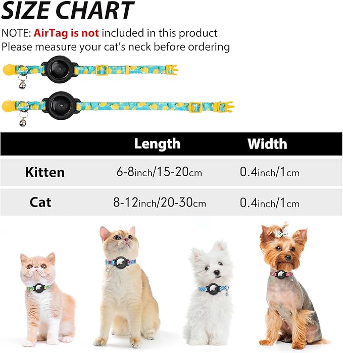 azuza AirTag Cat Collar Breakaway, Integrated Cat Collar with Air Tag Holder Safety Lightweight GPS Tracker Holder for Cats, Lemon, Cats (8-12inch)
