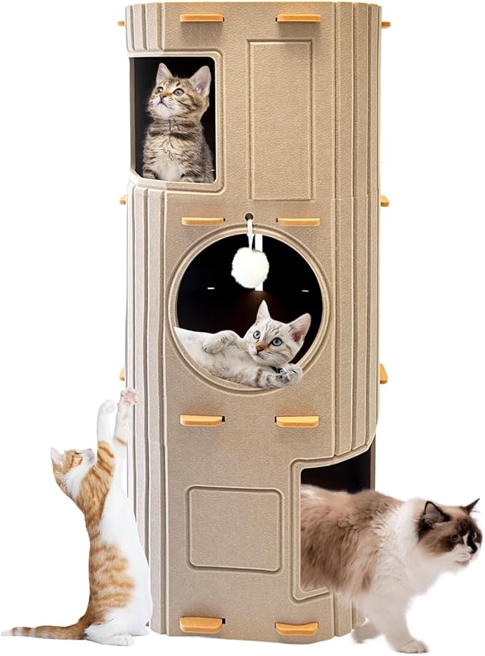 Homegroove Cat House for Indoor Cats, 3-Storey Cozy Felt Cat Bed Cave with Tunnel Hideaway, Large Multi-Cat Condo for Rest & Play (Camel, X Large)