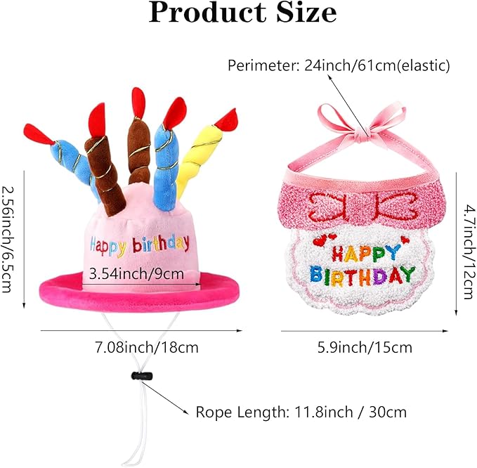 Dog Birthday Cake Hat & Bandana Scarfs Set Pink, Cute Dog Happy Birthday Hat Pet Cap Headwear Hat with 5 Colorful Candles, Cat Birthday Party Supplies Decorations (Pink)