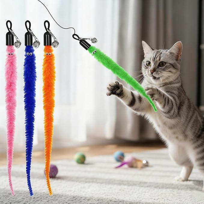 25 Pcs Cat Worm Toy Replacement Teaser with Bell, Colorful Fuzzy Worms Interactive Cat Wand Attachment Toys Cats Wand Toys for Indoor Cats Kitten Play Exercise