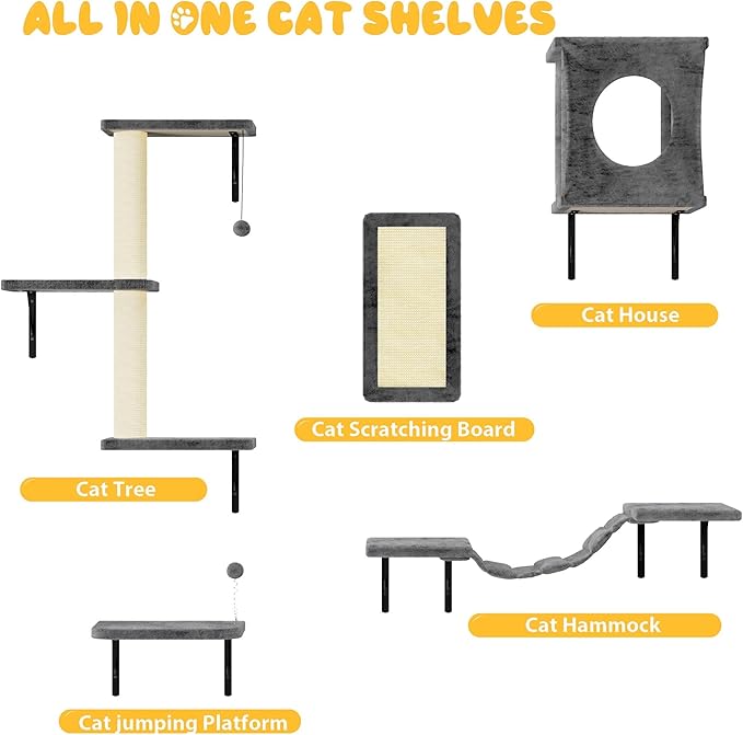 NUNU LAB Cat Wall Shelves, 10-in-1 Wall-Mounted Cat Furniture Set, Large Cat Climber Set with House, Bridge, Steps, Scratcher, DIY Playground, Shelves for Indoor Wall Furniture Set - Grey