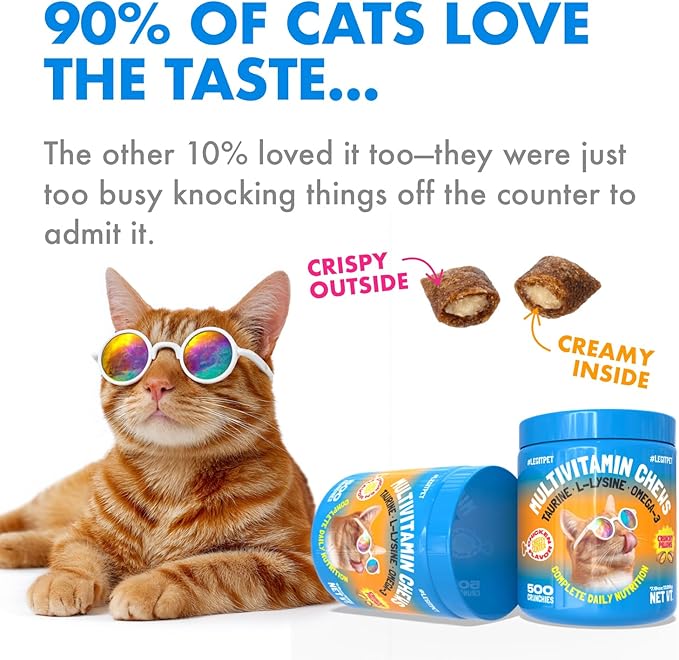LEGITPET Cat Multivitamin Crunchy Treats – Daily Vitamins for Cats with Taurine, Omega 3 & L-Lysine – Immune, Skin & Coat, Heart & Brain Support – Chicken Flavor, 500 Crunchy Pillows
