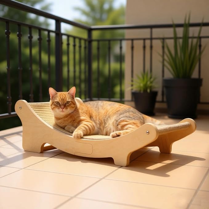 19.7 X 13 X 6.7 in Sisal Cat Scratcher Bed for Playing and Relaxing, Wooden Cat Furniture, E0 Grade Solid Wood Lounge Chair, Beige Color