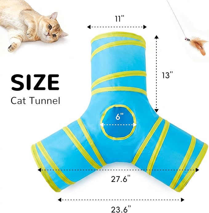 Tempcore Cat Tunnel for Indoor Cats, 3-Way Collapsible Play Tunnel with Teaser Wand, Peek Holes & Toy Ball, Small Pet Toy for Kittens & Rabbits, Blue & Yellow
